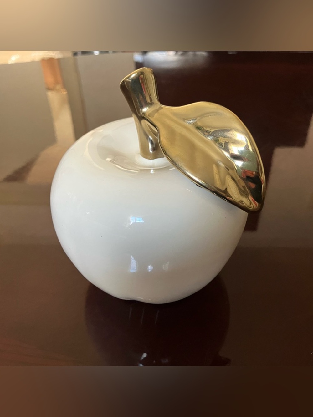 White Ceramic Apple Accent with Gold Leaf Decorative Figurine